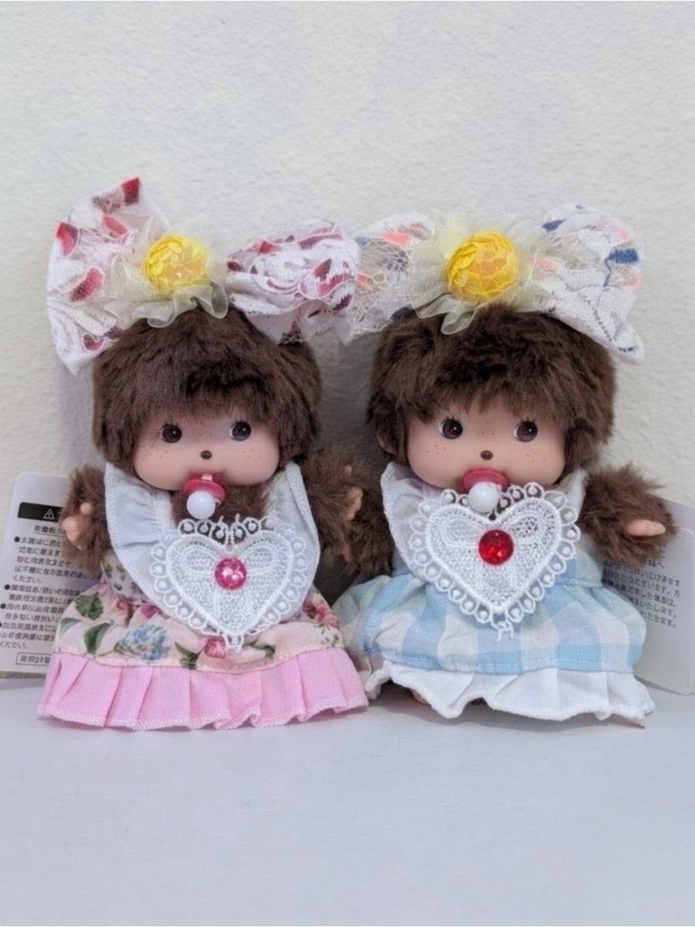 Monchichi Bag Charm Dolls Pink and Blue Dress Bundle